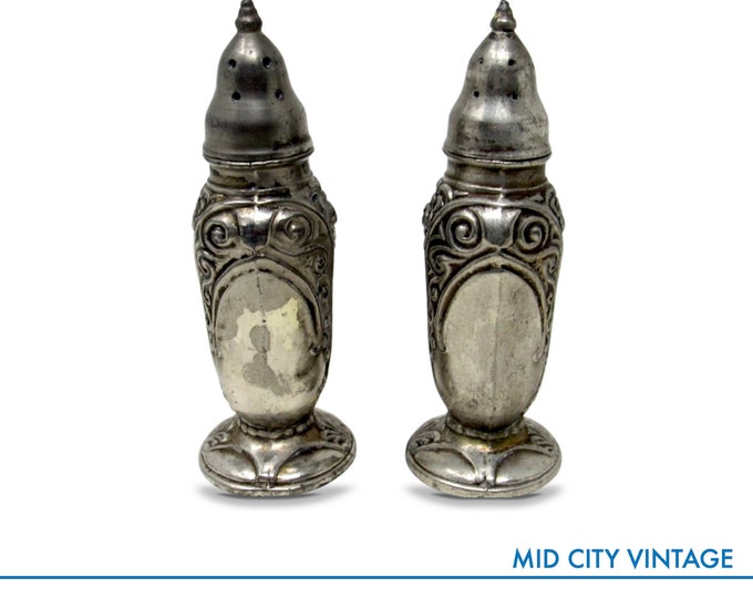 1950s Silver Plated Ornate Salt and Pepper Shakers | Trent Salt & Pepper | Silver Plated Bronze