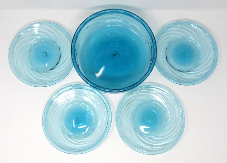 Hand Blown Blue Glass Salad Bowl / 4 Matching Plates Etsy