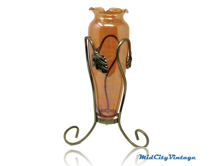 Vintage Amber Ruffled Glass Amphora Vase in Ornate Metal Stand