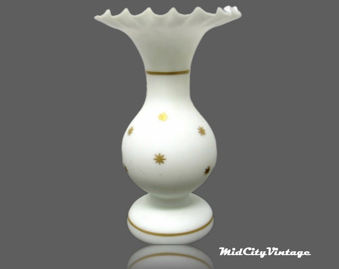 Antique Opaline Burmese Glass Vase with Gold Stars and Trim