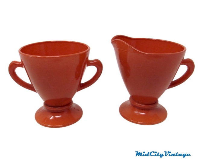 Anchor Hocking Glass Cream and Sugar - 1950s | Ovide Orange/Rust Color | Vintage Coffee Set