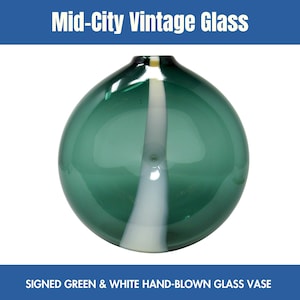 Hand-Blown Green Glass Vase: White Stripe, Signed Art Glass