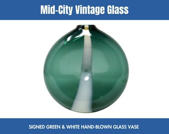 Hand-Blown Green Glass Vase: White Stripe, Signed Art Glass