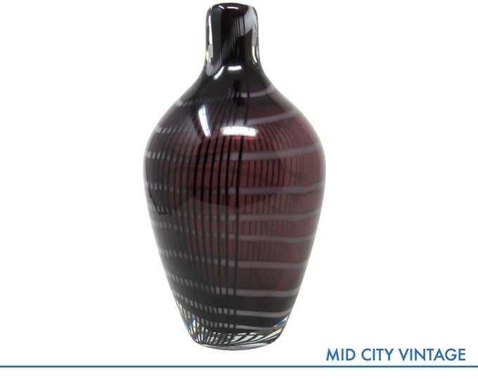Vintage Sasaki Glass Vase, Plum with Stripes, Thick Hand-Blown Glass, Statement Centerpiece, 11" Tall