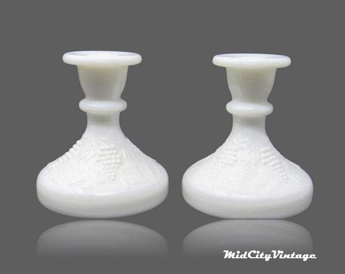 Glass Candlestick Holders (a Pair) in White by LE Smith , Grape & Leaves