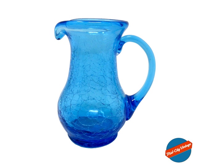1960s Pilgrim Glass Co. Blue Crackle Glass Creamer, Vintage Glassware, Mid Century Modern
