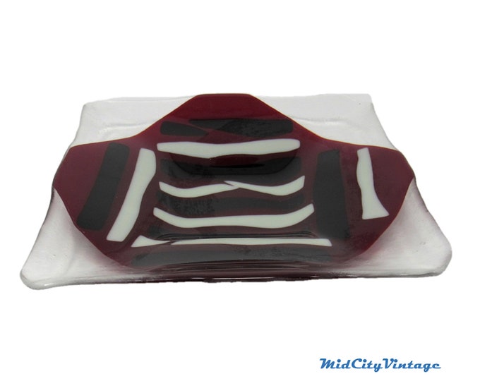 Fused Glass Centerpiece Bowl - Clear, Burgundy, and White Fused Glass
