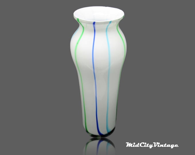 White Shoulder Vase with Purple, Blue, and Green Stripes