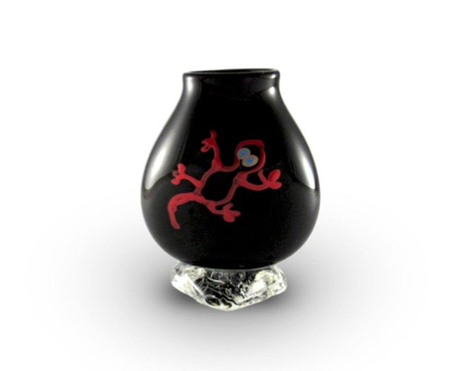 Black Art Glass Pocket Vase with Blue and Red Painted Lizards