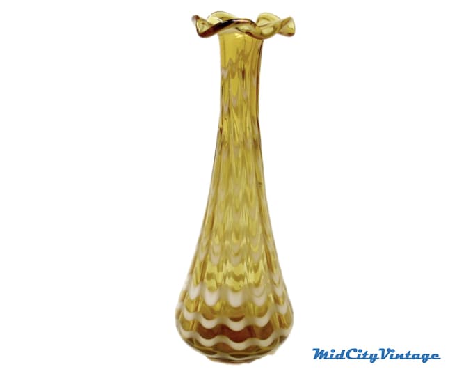 Hand-blown Amber Glass Vase with White Horizontal Stripes