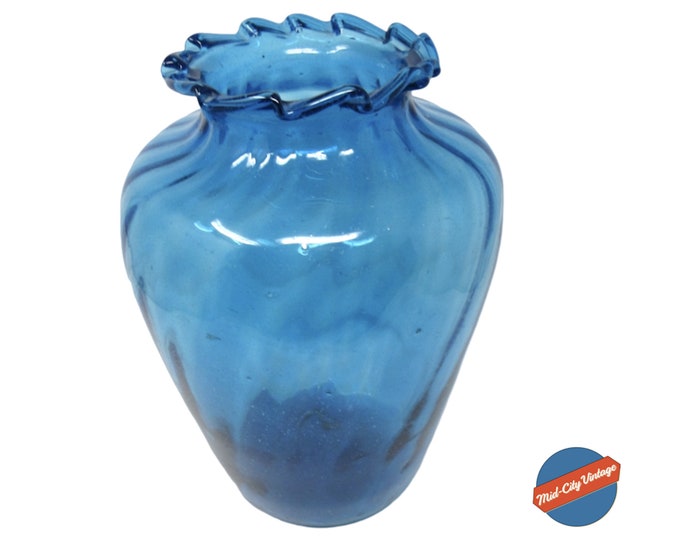 Vintage Blue Glass Vase - Large Hand-Blown Table Centerpiece - Retro Home Décor