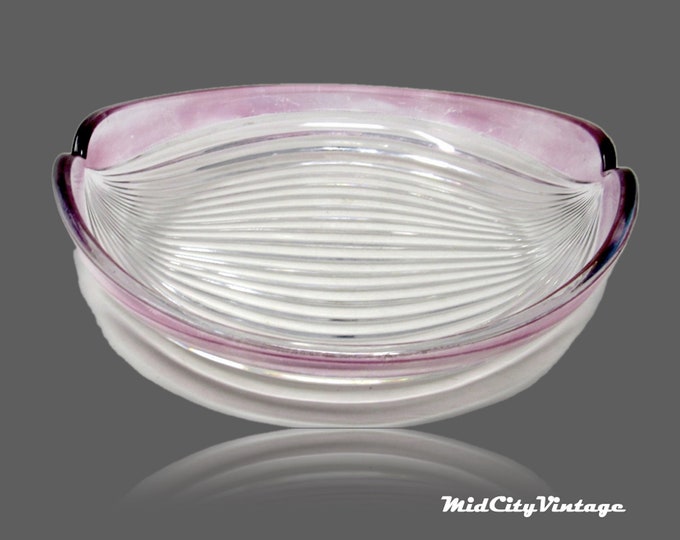 Ribbed Crystal Serving Platter with Cranberry Decoration, Depression Glassware, Vintage Glass Bowl, Clear Crystal Bowl, Serving Bowl