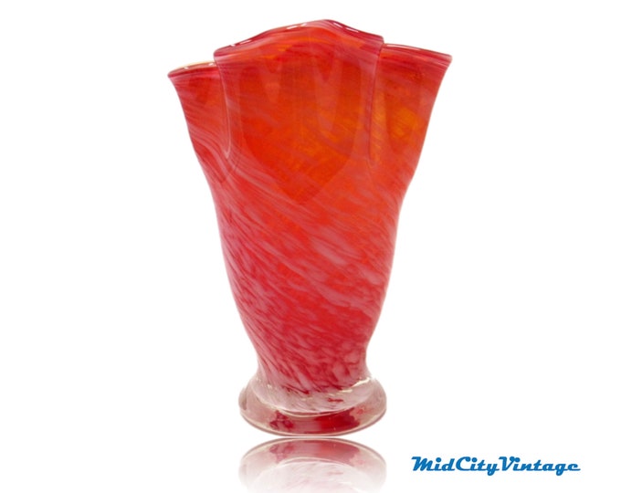 Orange & White Glass Handkerchief Vase, Vintage Glassware, Hand Blown Glass, Coffee Table Decor, Small Glass Vase