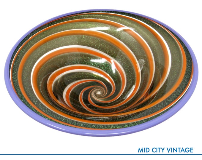 Decorative Glass Bowl - White, Green, Orange, and Lavender | Signed by Artist (illegible) | Dated 2000
