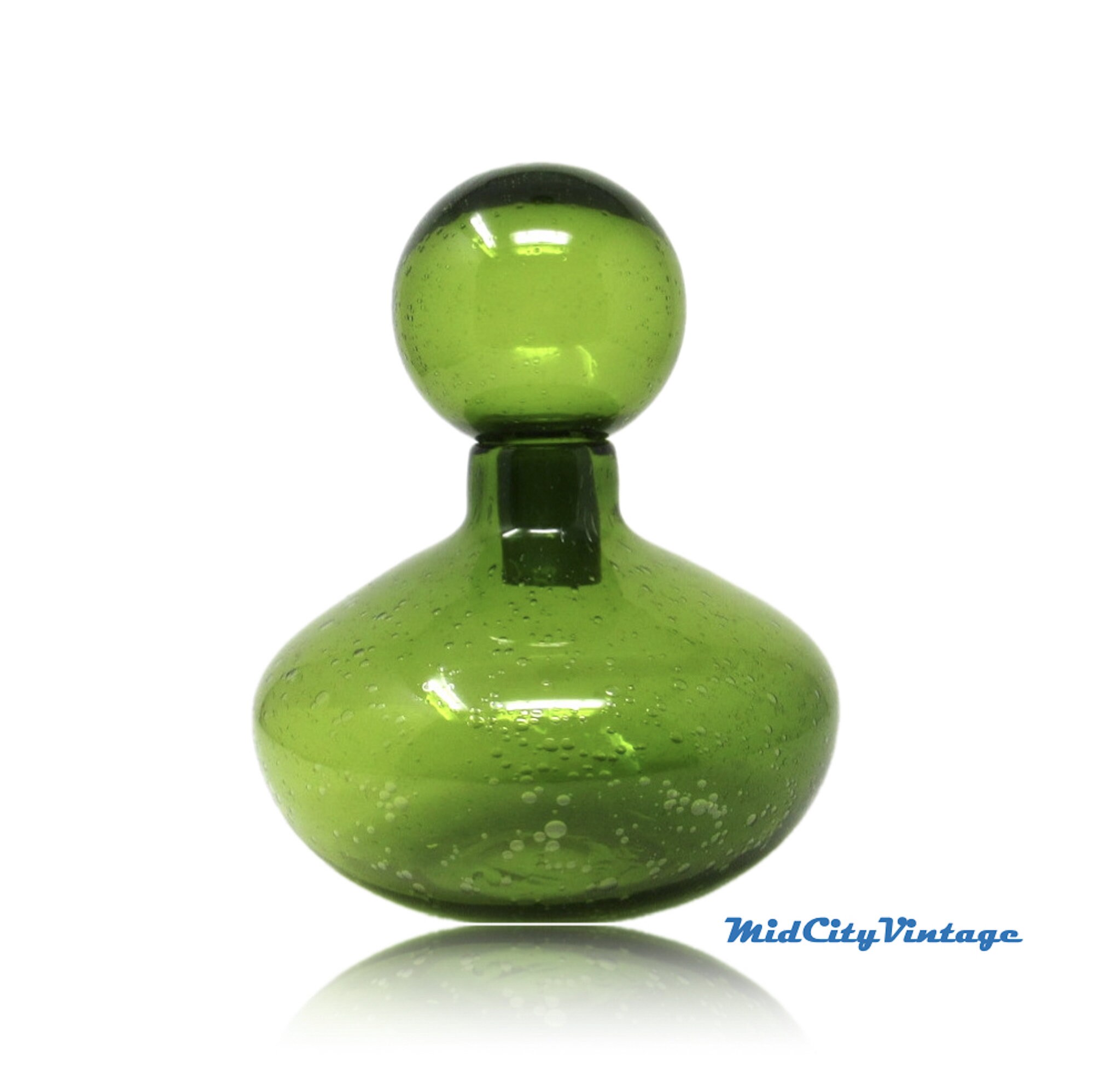 Translucent Green Glass Decanter with Ball Stopper, Handblown Glass