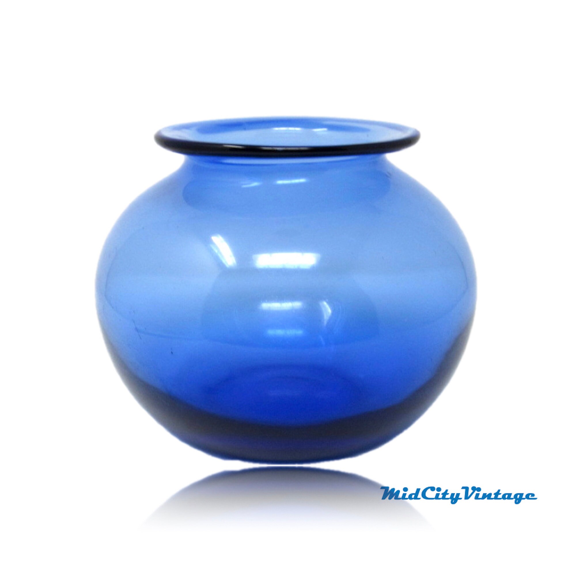 Blue Glass Ball Vase 1960s, Vintage Glass Vase, Mid Century Modern, Vintage Glassware, Blown