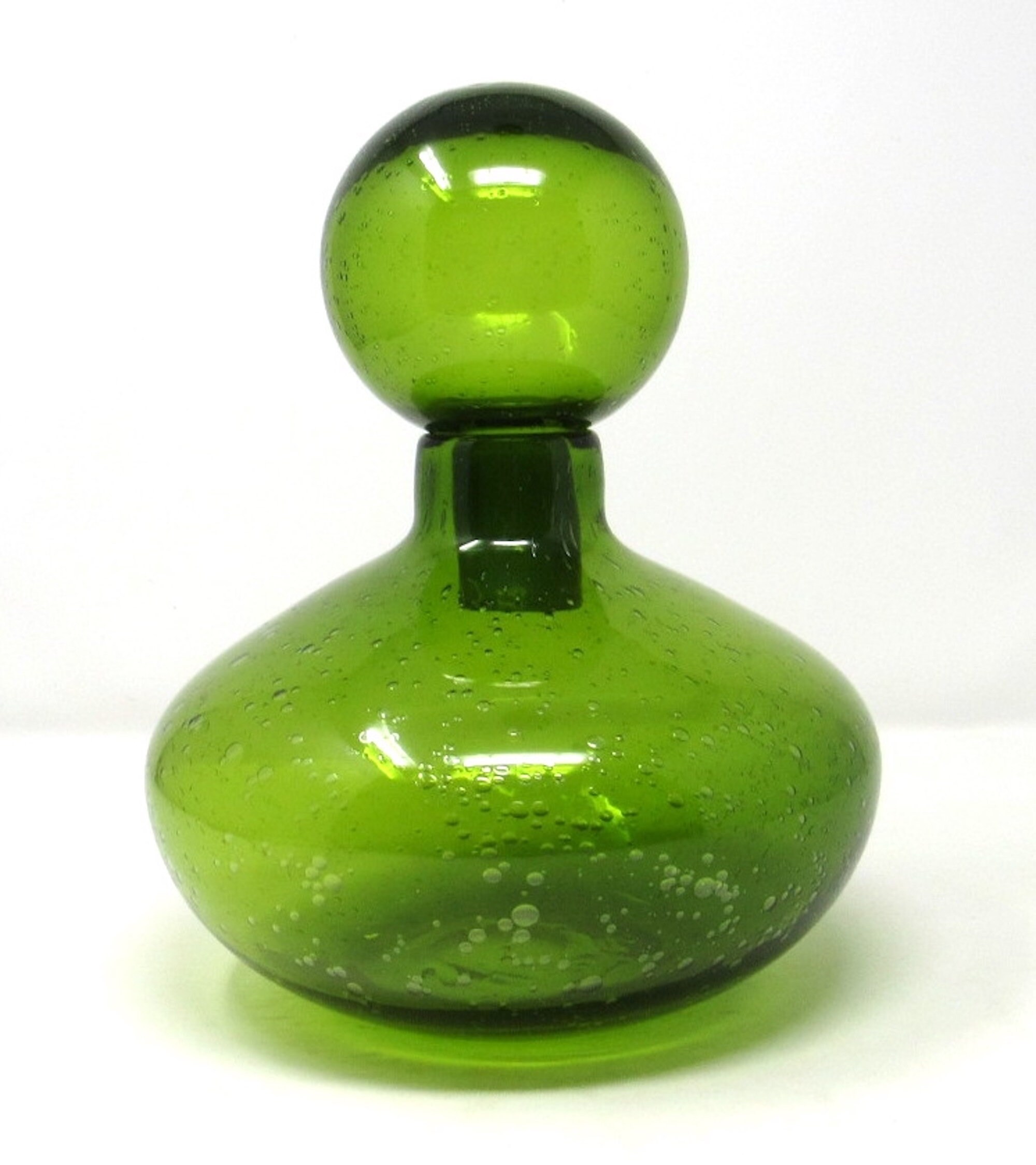 Translucent Green Glass Decanter with Ball Stopper, Handblown Glass