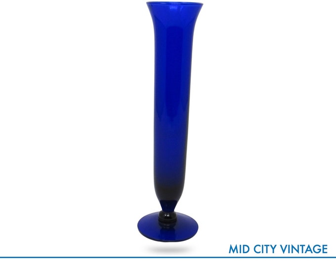 Vintage Cobalt Blue Glass Bud Vase - 8" Tall with Pedestal Base, Flared Rim - Perfect for Desk or Table Décor