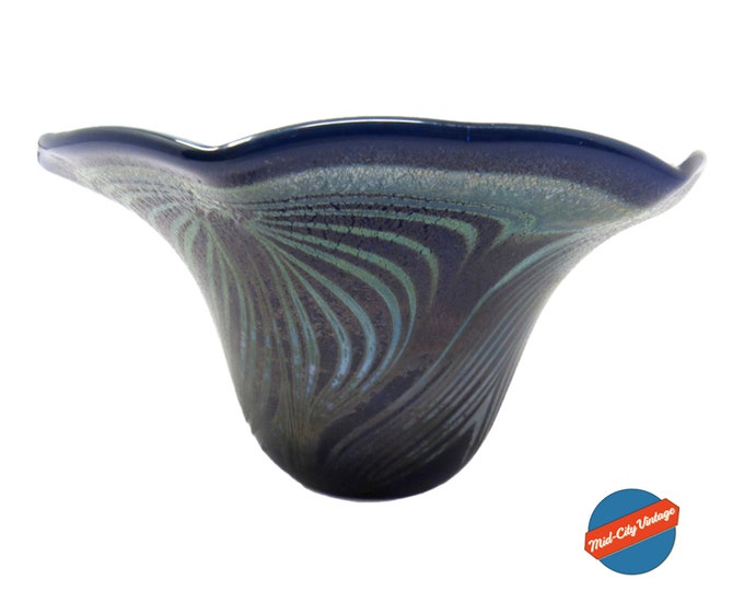 Feathered Glass Bowl in Cobalt and Green | Signed by Rosenfeld in 1976 | Art Nouveau Style Bowl