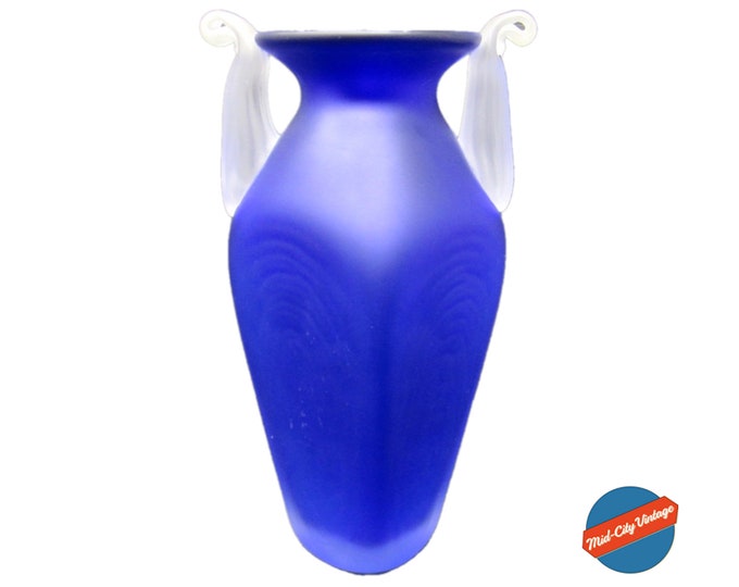 1980s Hand-blown Satin Blue Glass Vase by S. Newell | Glass Amphora Style Vase | Glass Home Decor | Signed by Artist