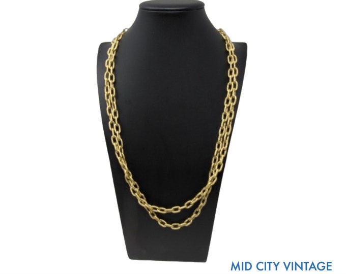 Vintage Monet Gold-Tone Rope Necklace, 56-Inch Textured Chain Link, Authentic Signature Jewelry