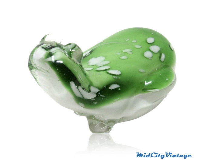 Green & White Glass Frog Paper Weight, Hand Blown Glass, Vintage Glassware, Glass Figurine, Desk Accessory, Home Office Decor