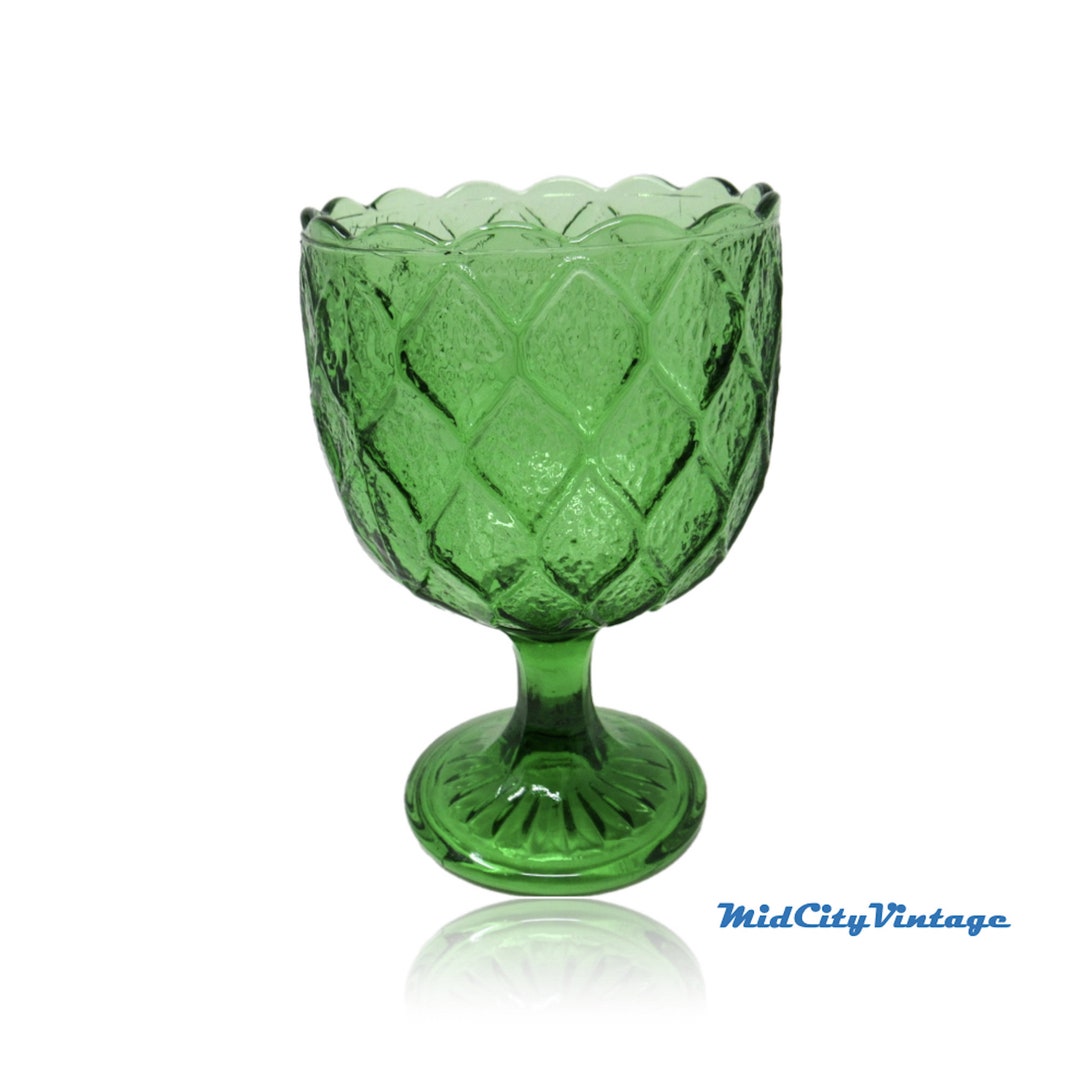 Vintage Green Glass Pedestal Vase With Diamond Pattern and Scalloped