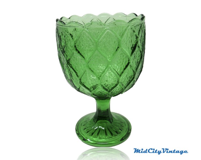 Vintage Green Glass Pedestal Vase with Diamond Pattern and Scalloped Rim, Vintage Glassware, Mid Century Modern, Coffee Table Vase