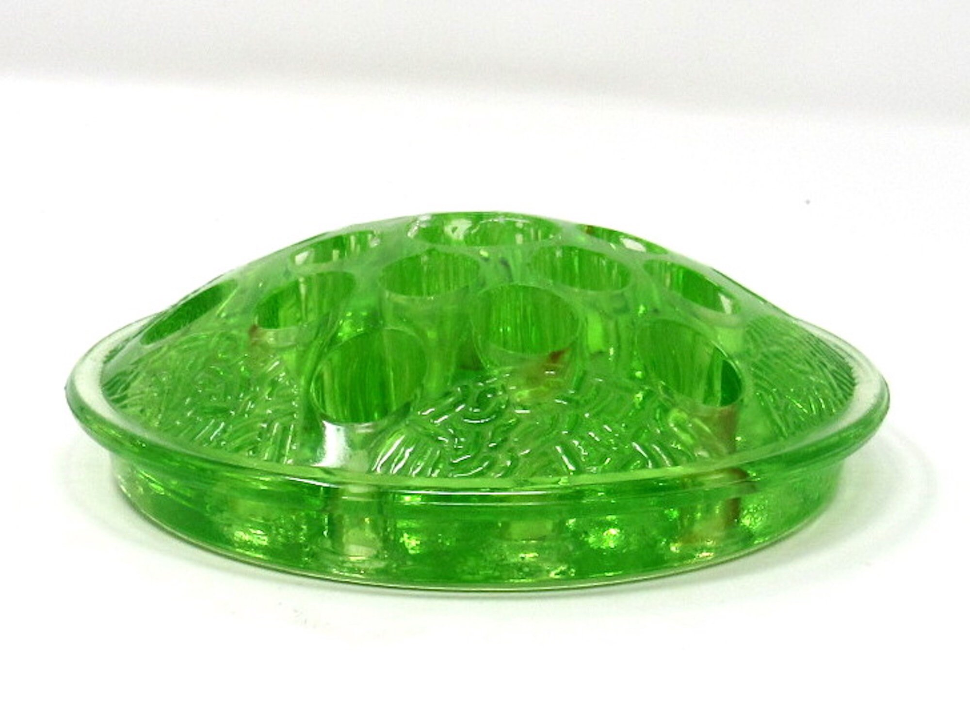 Vintage Round Uranium Glass Flower Frog — Mid City Vintage