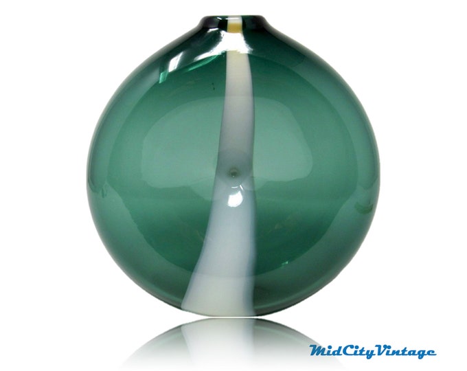 Art Glass Vase with Dimpled Sides in Green & White