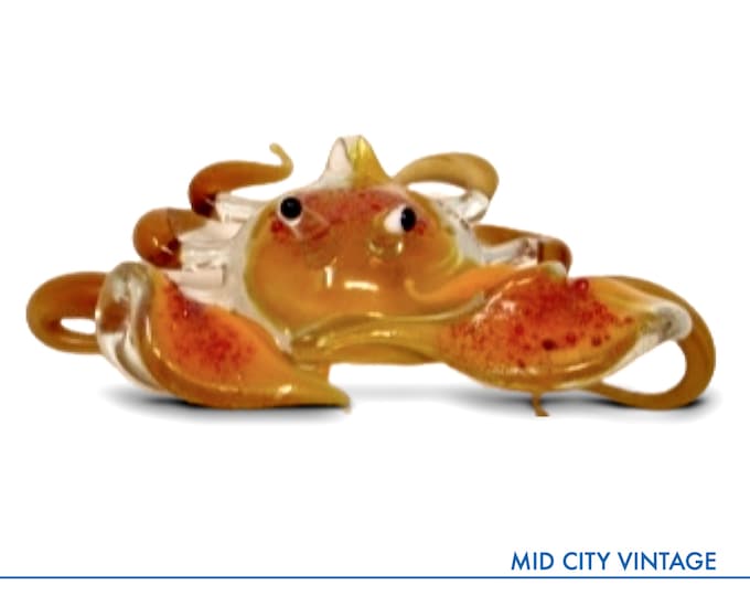 Hand-Blown Glass Crab Figurine, Orange Black, 3x3 inch, Curio Cabinet Collectible, Desk Decor, Marine Life