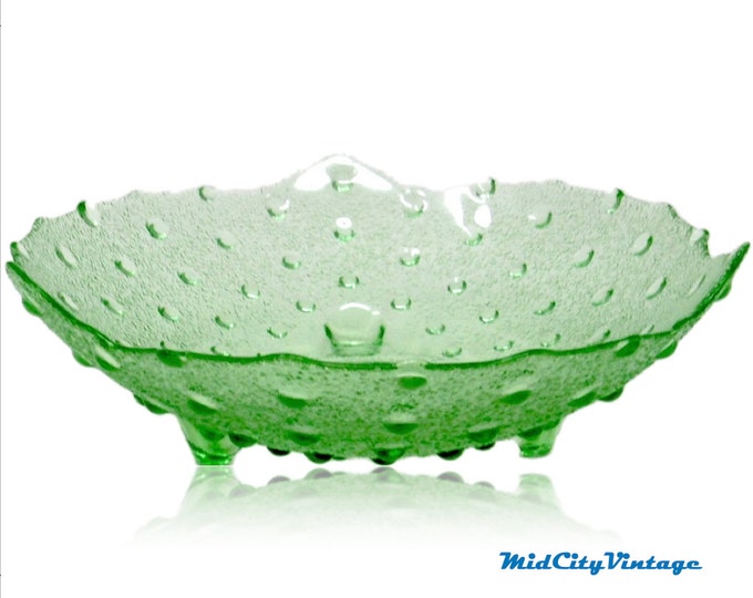 Vintage Green Footed Hobnail Glass Bowl, Vintage Glassware, Green Glassware, Mid Century Modern