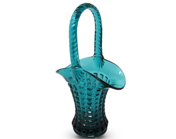 Imperial Teal Glass Basket - Waffle Block Monticello Pattern No. 16407 - 1970s | Vintage Glassware
