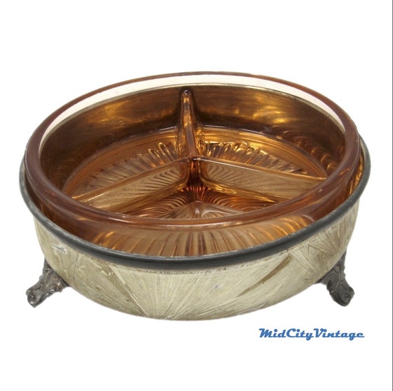 Glass Trirelish Dish in Pewter Holder 1950s Etsy