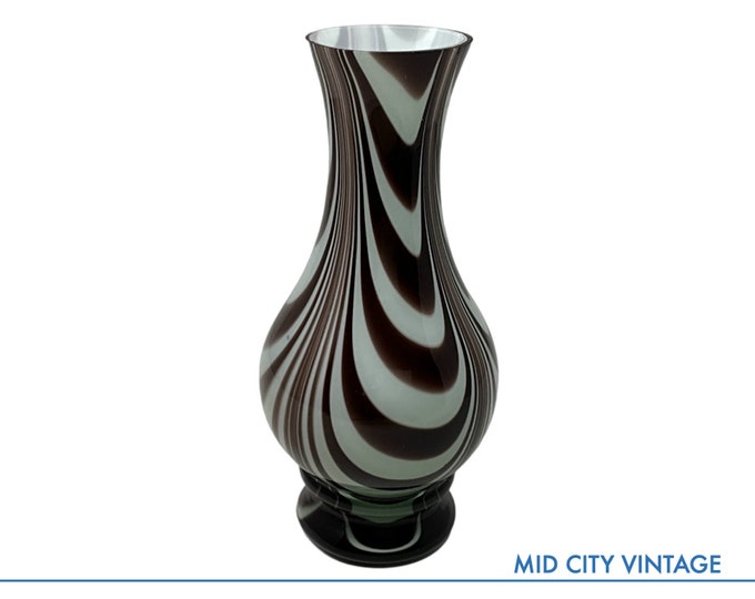 Opalescent Glass Vase with Brown Zebra Stripes | Vintage Glassware | Glass Home Decor