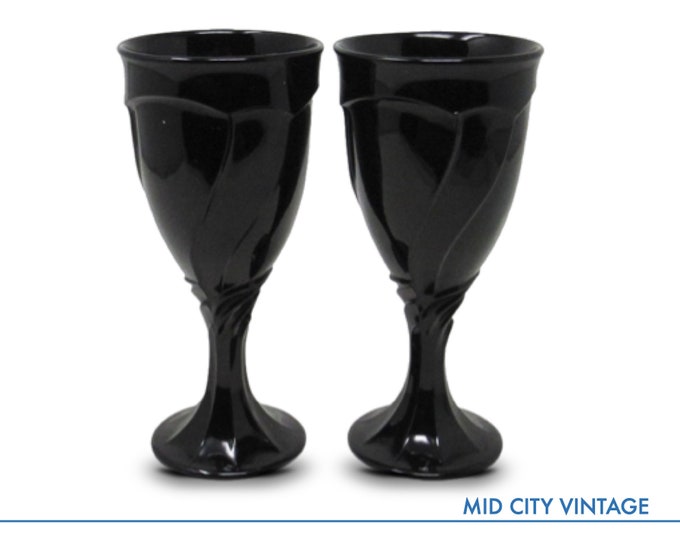 Pair of Black Glass Water Goblets by Noritake - 1985 | Vintage Glassware | Black Glassware | Black Glass Drinking Glasses