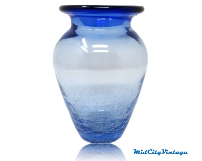Blenko Crackle Glass Vase in Cobalt and Clear Glass