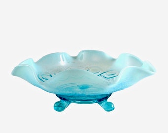 Footed Glass Bowl by NORTHWOOD - 1930s - Blue and White