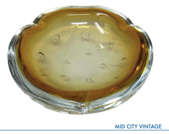 Czech Amber Glass Cigar Ashtray - Hand-Blown, Bubble Design, Unique Office Desk Accessory & Catch-All Bowl