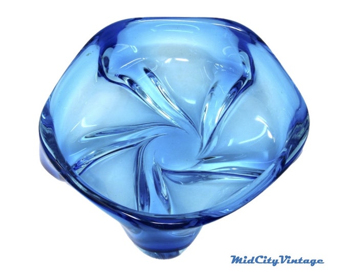 Heavy Hand-blown 1960s Crystal Decorative Bowl - Ice Blue - Canadian or Czech