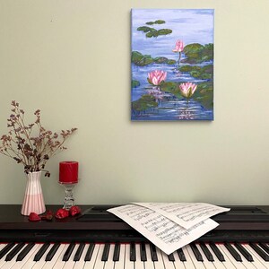 Water Lily Painting Pond Original Art Monet Style Painting Lotus Flower Artwork Impasto Painting Flowers 12 x 16 image 3