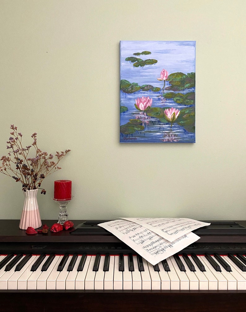 Water Lily Painting Pond Original Art Monet Style Painting Lotus Flower Artwork Impasto Painting Flowers 12 x 16 image 3