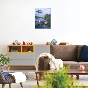 Water Lily Painting Pond Original Art Monet Style Painting Lotus Flower Artwork Impasto Painting Flowers 12 x 16 image 7