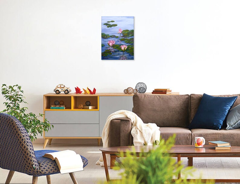 Water Lily Painting Pond Original Art Monet Style Painting Lotus Flower Artwork Impasto Painting Flowers 12 x 16 image 7