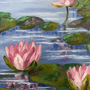 Water Lily Painting Pond Original Art Monet Style Painting Lotus Flower Artwork Impasto Painting Flowers 12 x 16 image 10