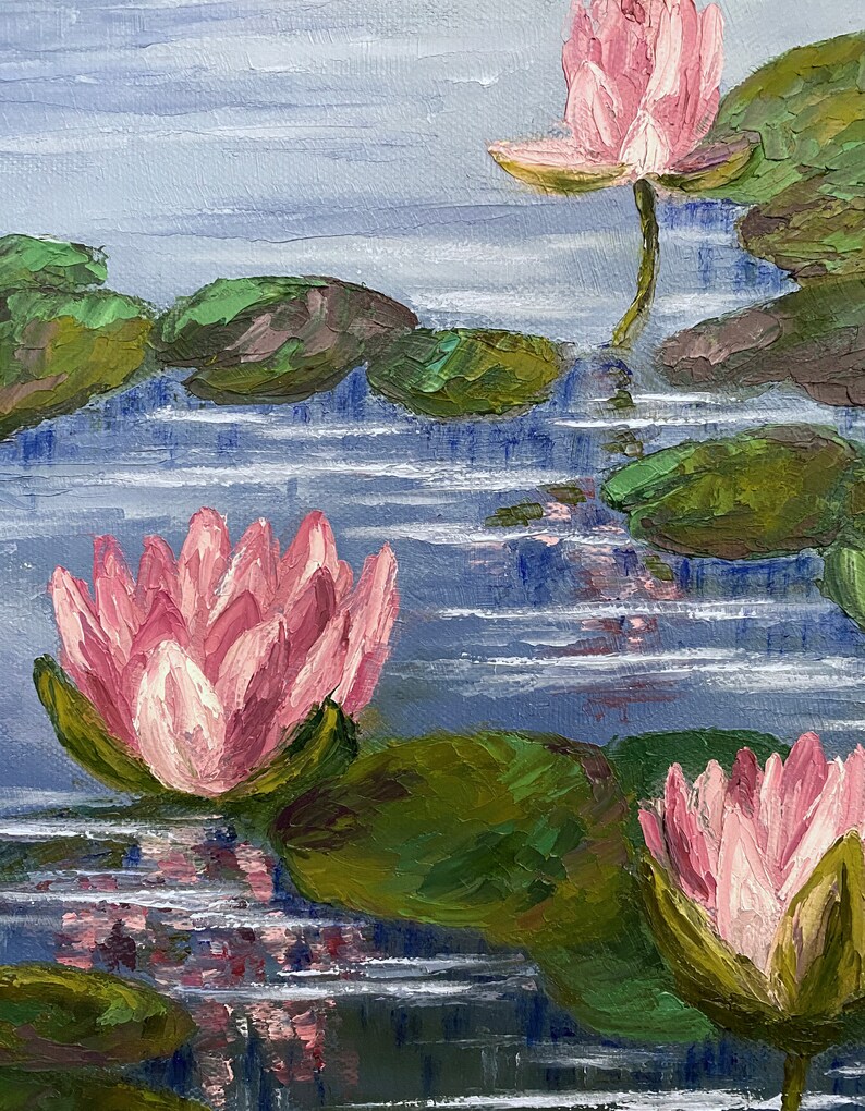 Water Lily Painting Pond Original Art Monet Style Painting Lotus Flower Artwork Impasto Painting Flowers 12 x 16 image 10