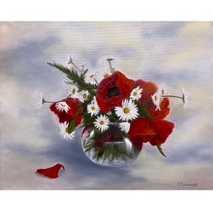 Poppy Painting Daisy Original Art Floral Impasto Wildflowers Bouquet in a Vase Artwork Oil Painting 16 x 20 by Olga Kurbanova