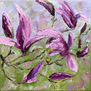 Magnolia Painting Original Impasto Flowers Magnolia Tree Art Landscape Oil Painting Magnolia Flowers Wall Art 6 x 6 x 1.5 Olga Kurbanova
