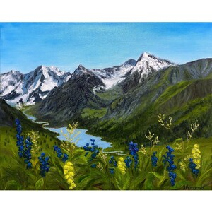 May include: A painting of a mountain range with a lake in the valley. The mountains are covered in snow and the lake is a bright blue. There are blue flowers in the foreground.