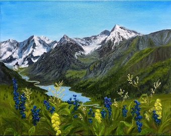 Mountains Painting Original Bluebonnet Painting Mountain Flower Artwork Mountain Lake Wall Art Canvas 16 x 20 by Olga Kurbanova